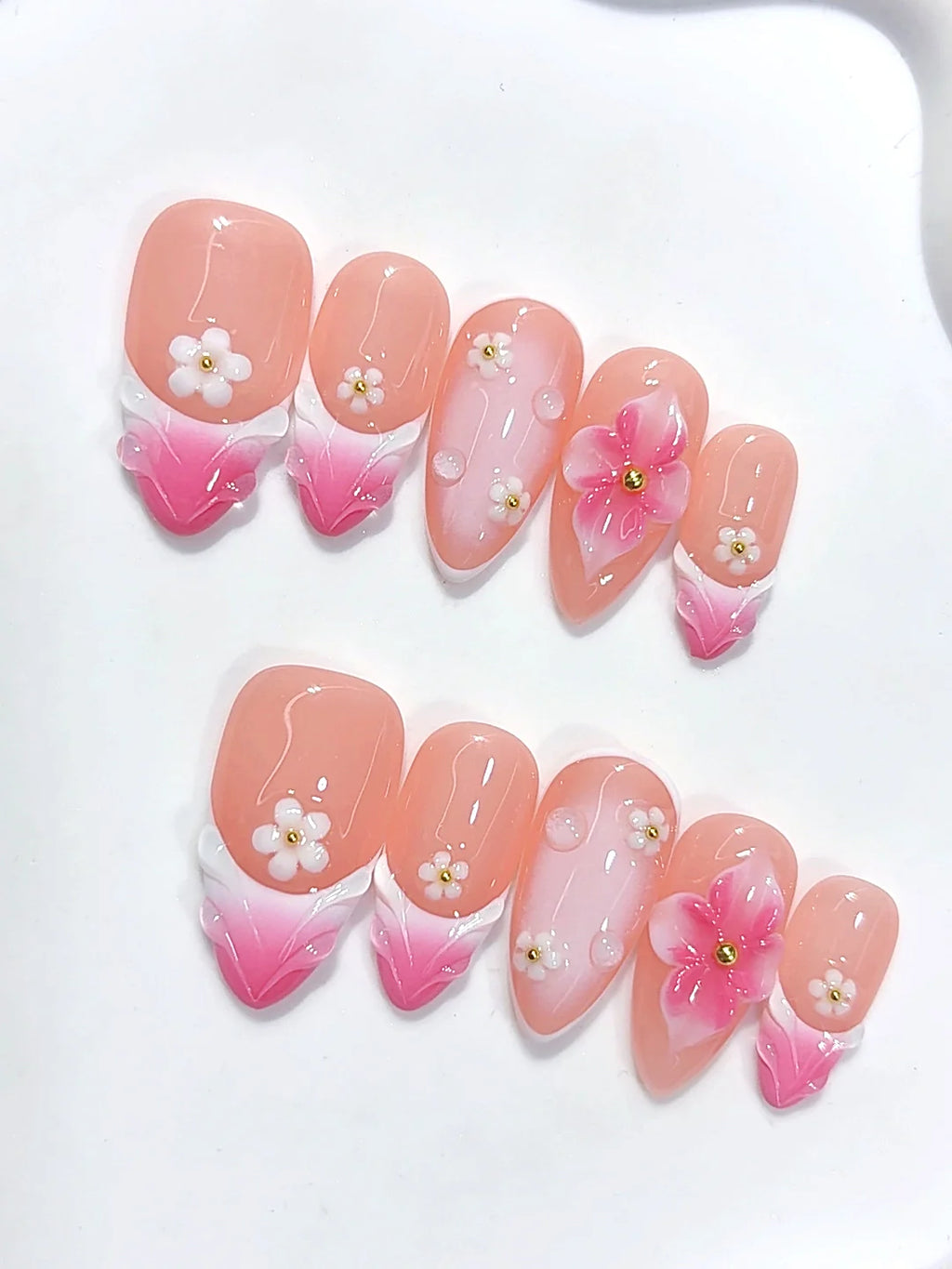 D691 - Medium Pink White Almond Ombre French Tip Daisy Floral - view 6