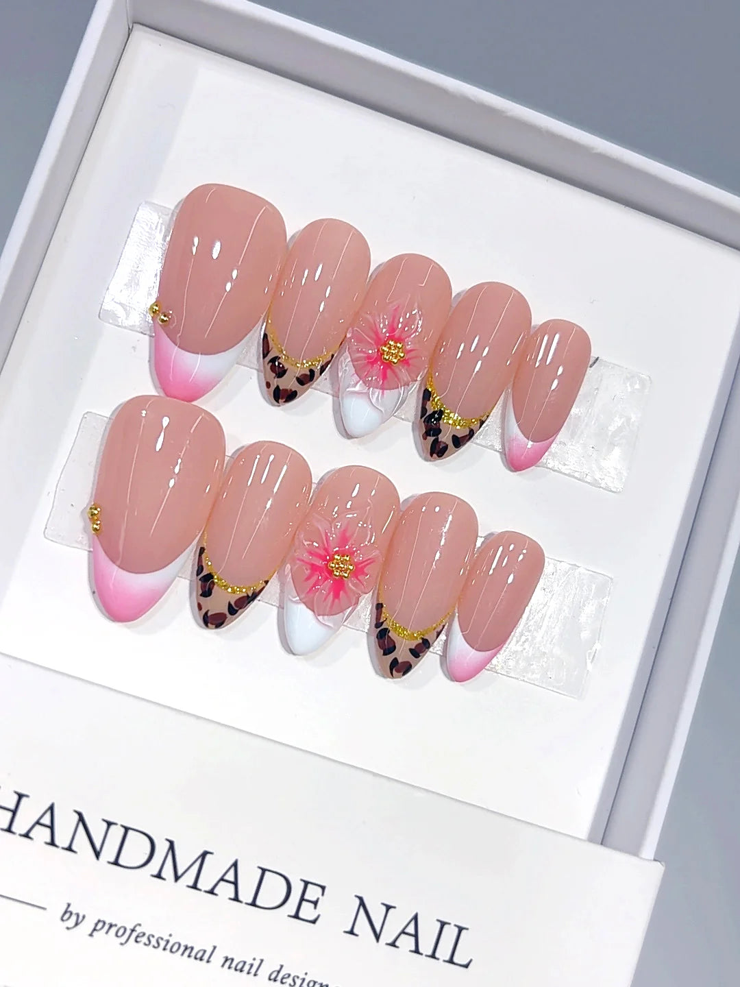 D692 - Medium Pink Almond Leopard French Tip 3D Flower - view 1