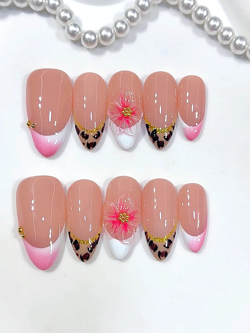 D692 - Medium Pink Almond Leopard French Tip 3D Flower - view 4