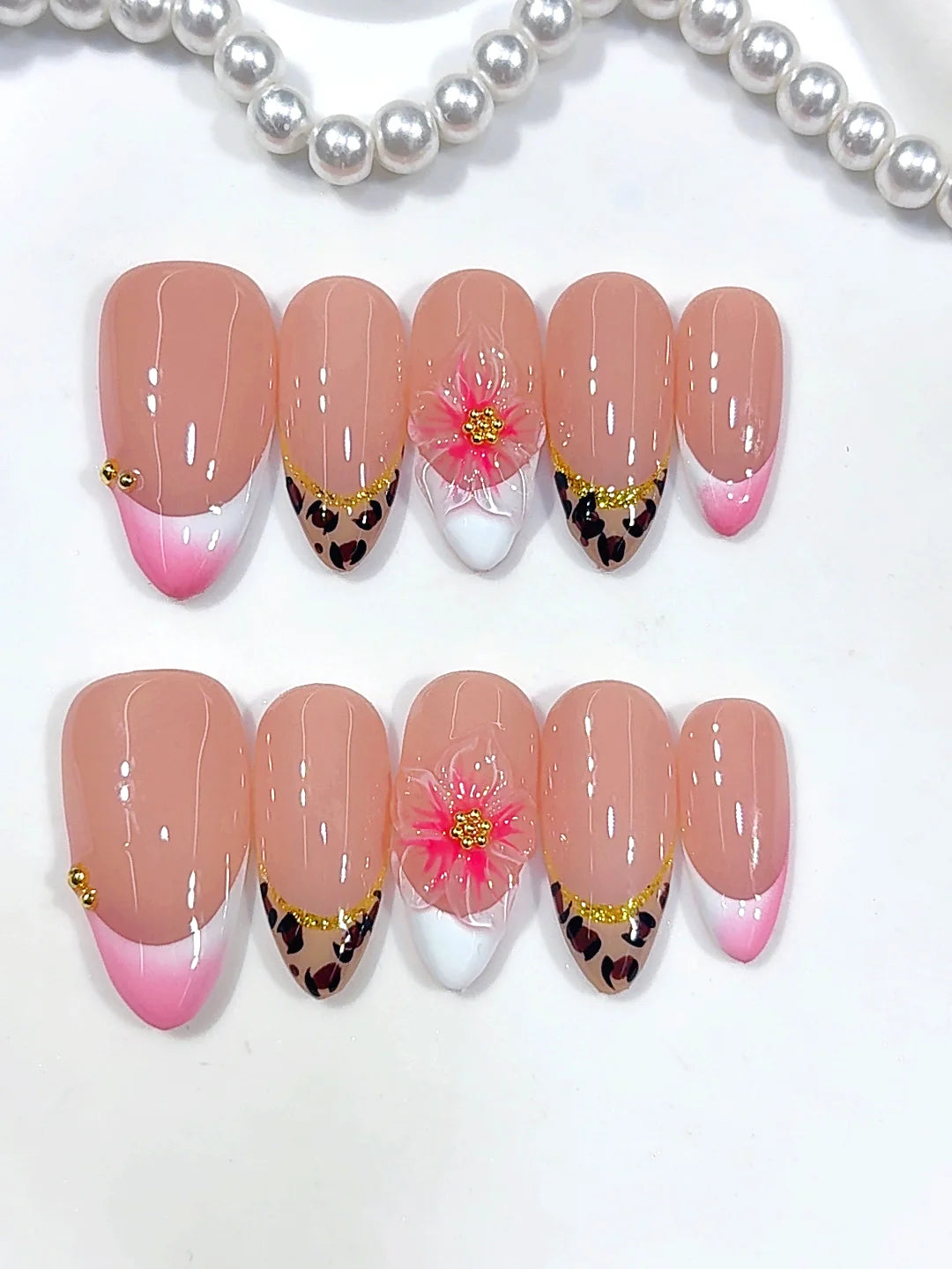 D692 - Medium Pink Almond Leopard French Tip 3D Flower - view 4