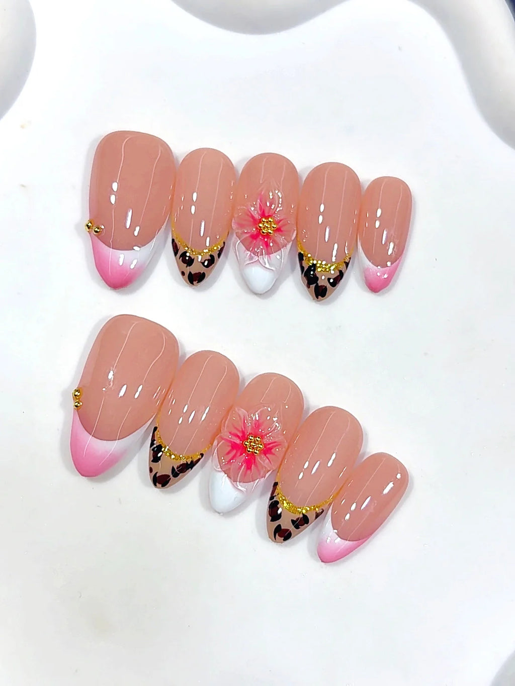D692 - Medium Pink Almond Leopard French Tip 3D Flower - view 5