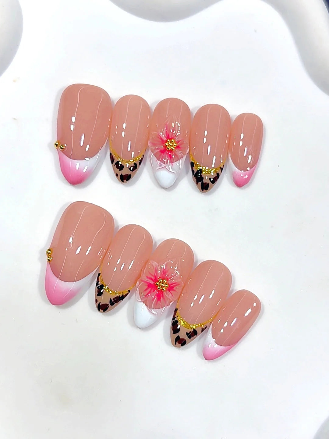 D692 - Medium Pink Almond Leopard French Tip 3D Flower - view 5