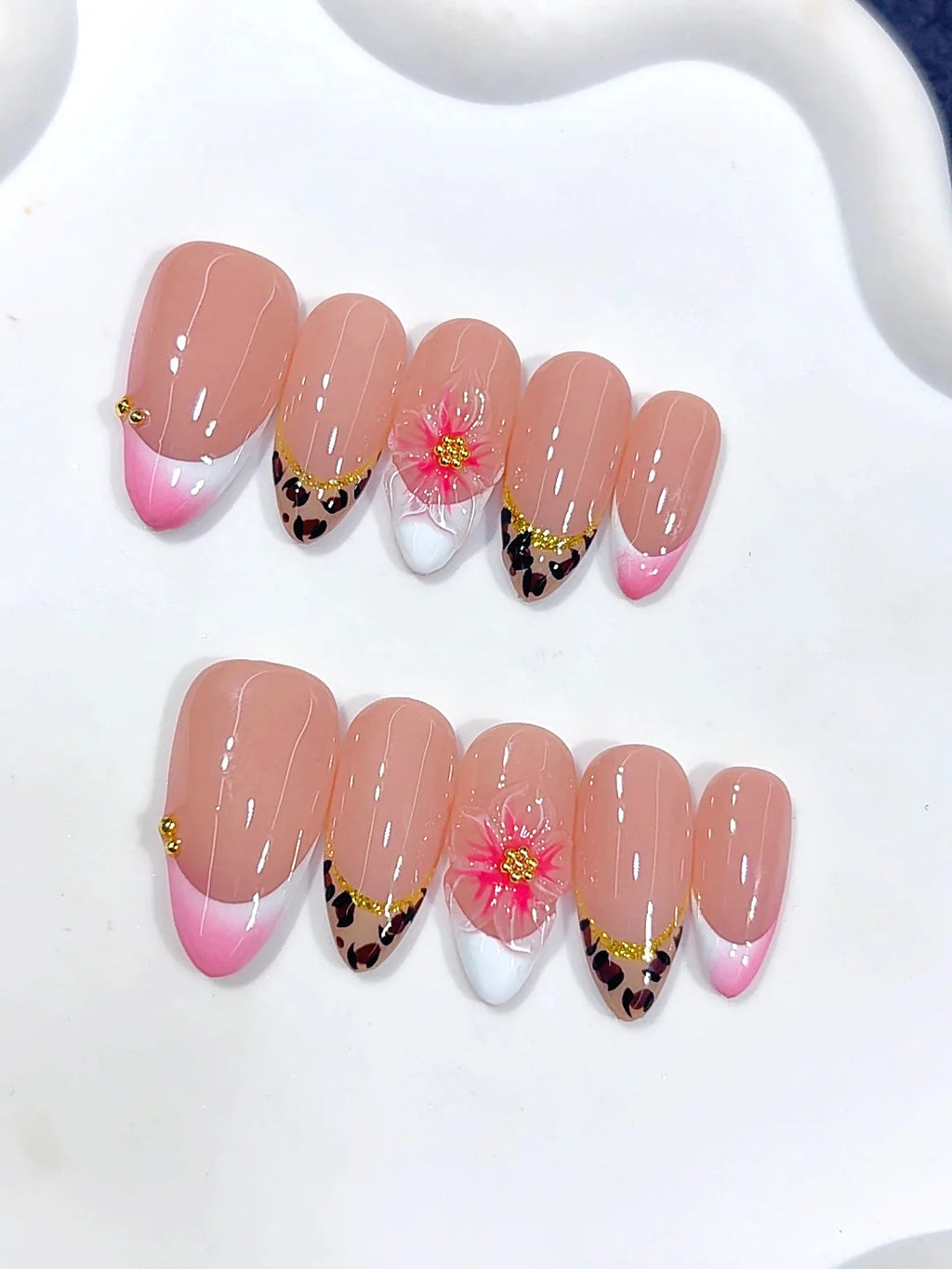 D692 - Medium Pink Almond Leopard French Tip 3D Flower - view 6