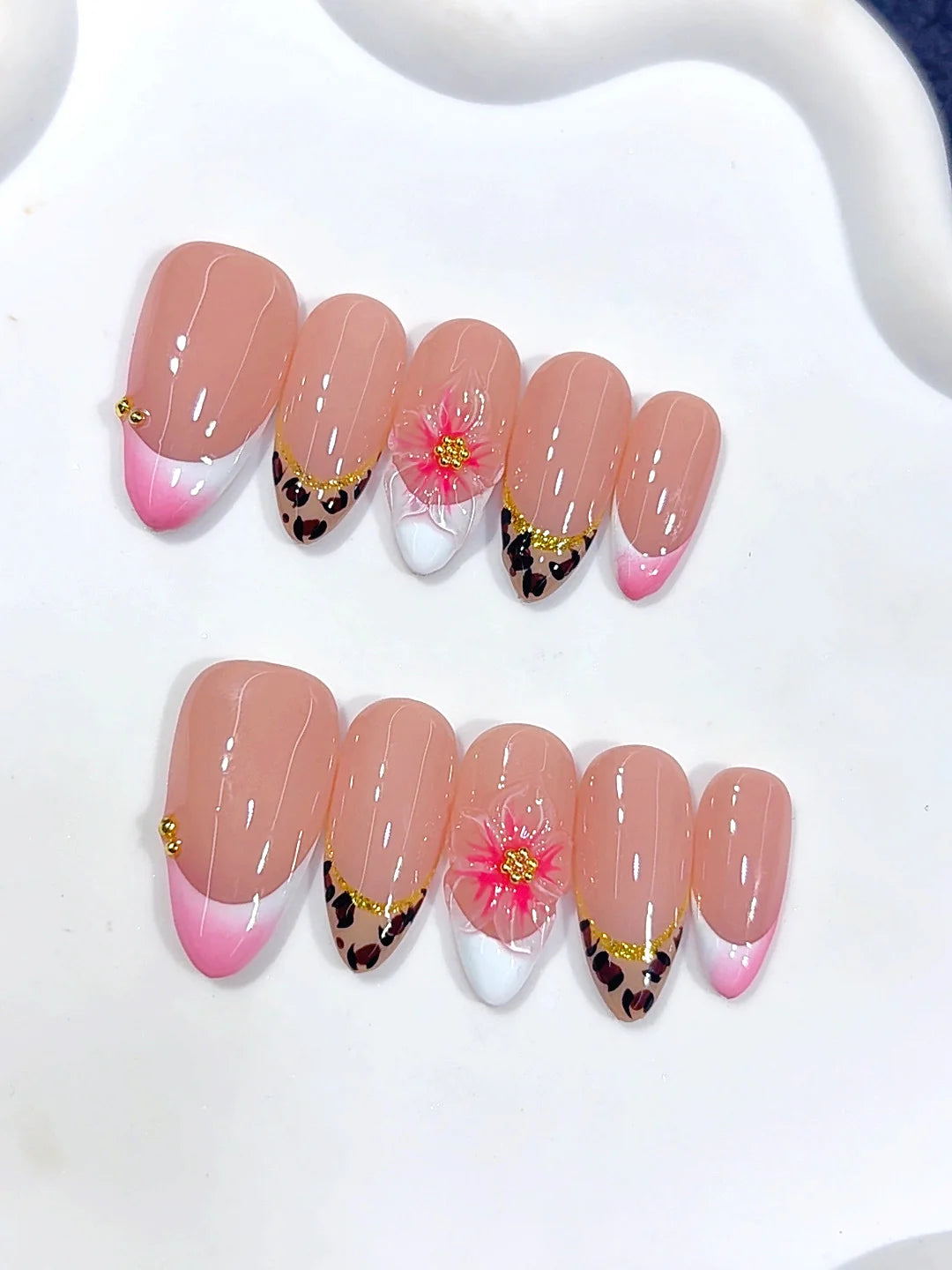 D692 - Medium Pink Almond Leopard French Tip 3D Flower - view 6