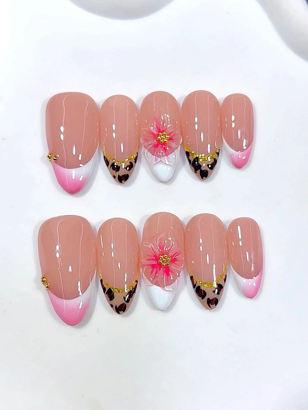 D692 - Medium Pink Almond Leopard French Tip 3D Flower - view 7