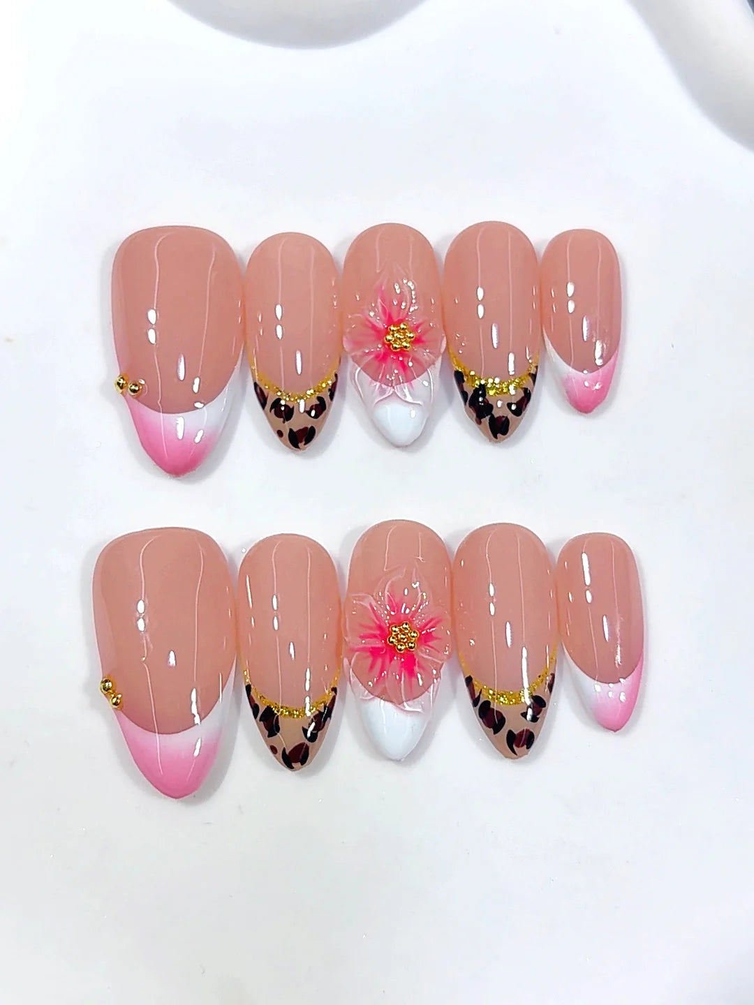 D692 - Medium Pink Almond Leopard French Tip 3D Flower - view 7