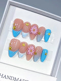 D693 - Medium Nude Blue Almond French Tip Gingham 3D Flower - view 1