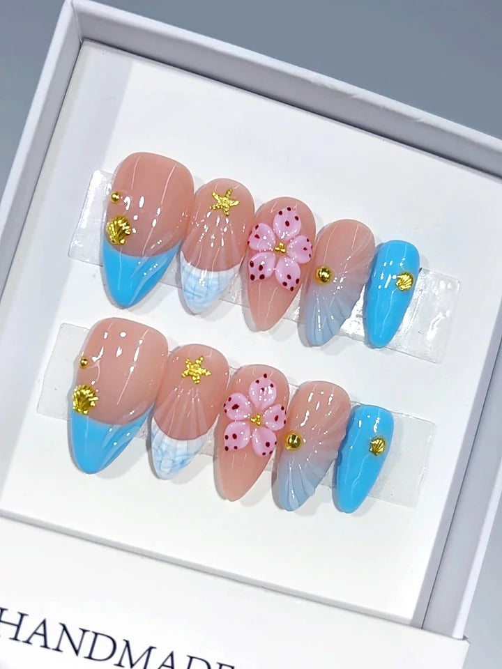 D693 - Medium Nude Blue Almond French Tip Gingham 3D Flower - view 1
