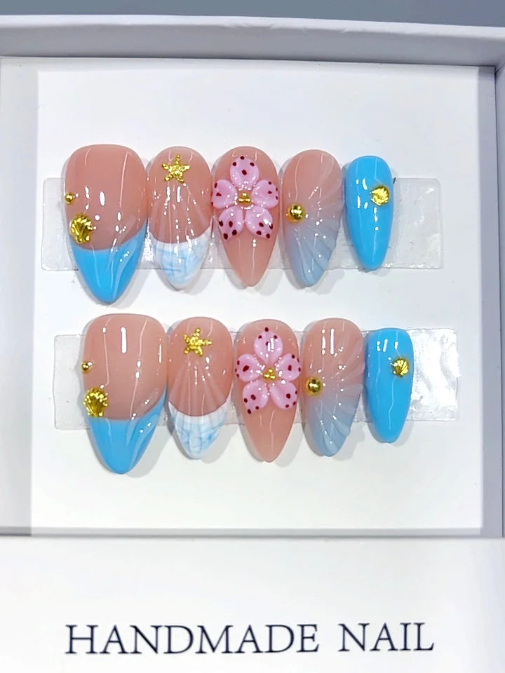 D693 - Medium Nude Blue Almond French Tip Gingham 3D Flower - view 2