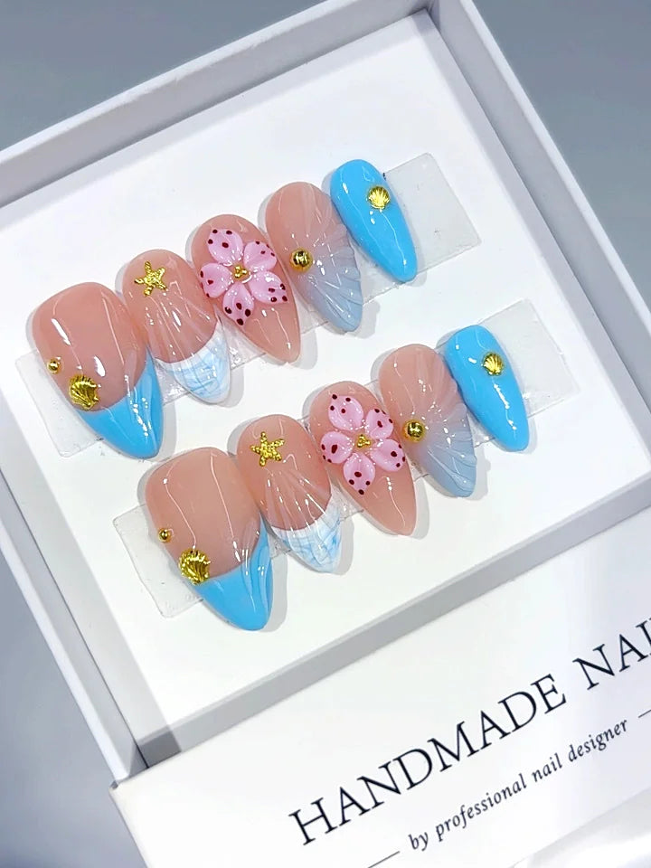 D693 - Medium Nude Blue Almond French Tip Gingham 3D Flower - view 3