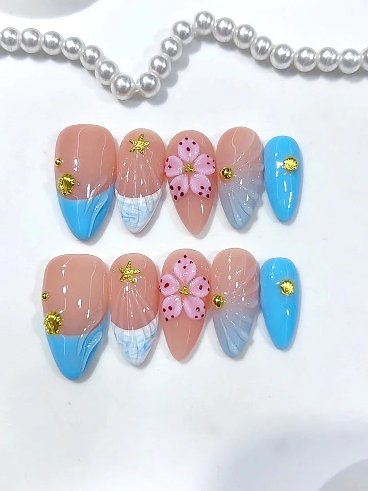 D693 - Medium Nude Blue Almond French Tip Gingham 3D Flower - view 4