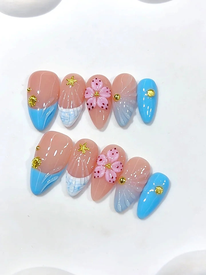 D693 - Medium Nude Blue Almond French Tip Gingham 3D Flower - view 5