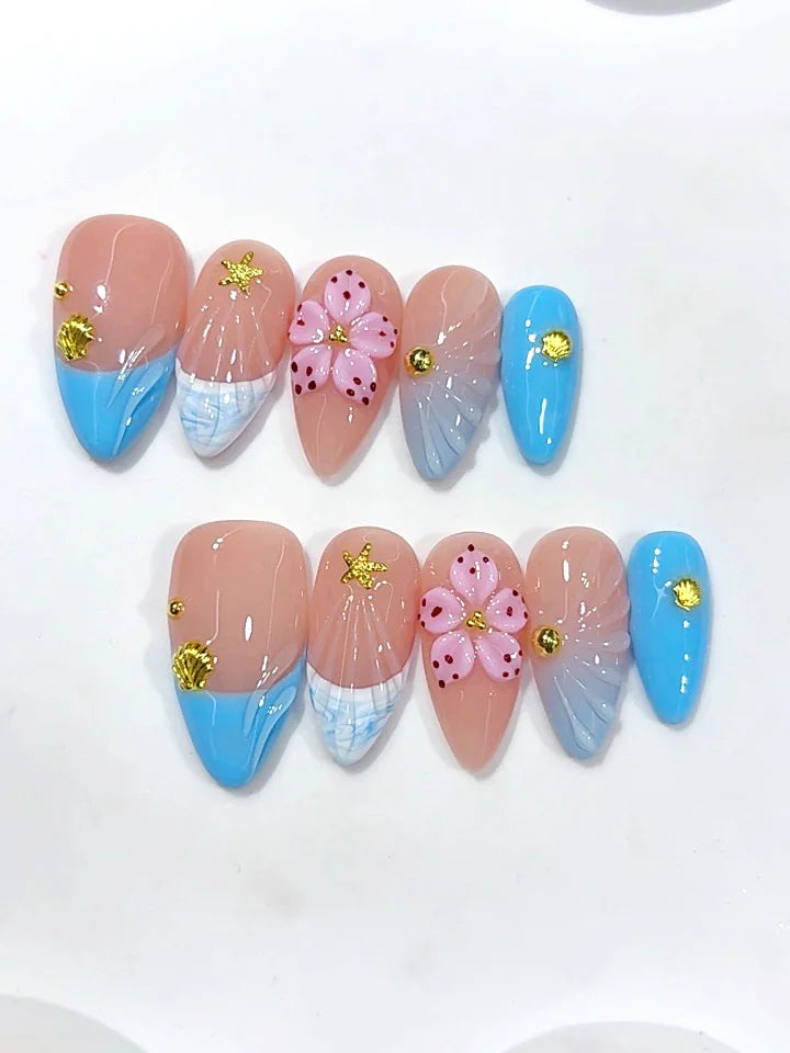 D693 - Medium Nude Blue Almond French Tip Gingham 3D Flower - view 6