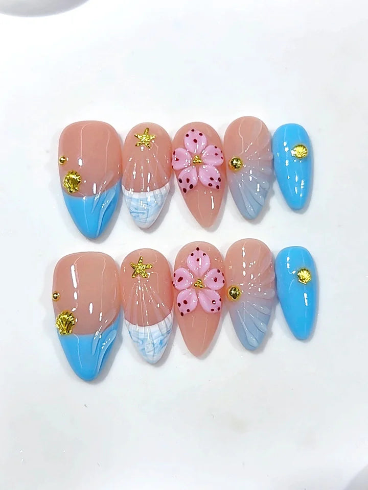 D693 - Medium Nude Blue Almond French Tip Gingham 3D Flower - view 7