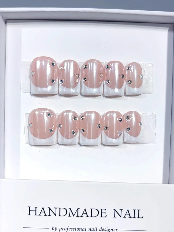 D695 - Short Nude White Duck French Tip Rhinestones - view 2