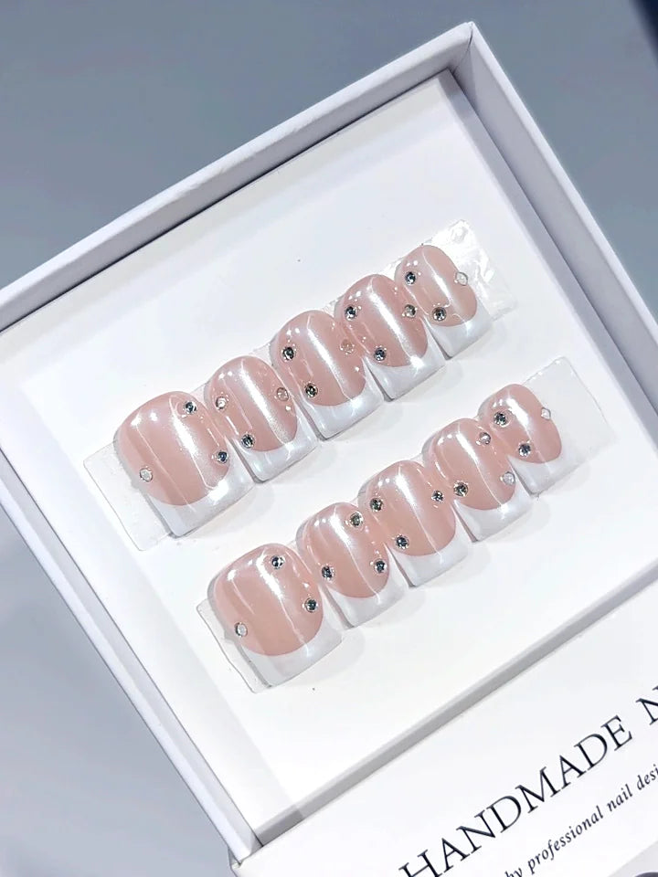D695 - Short Nude White Duck French Tip Rhinestones - view 3