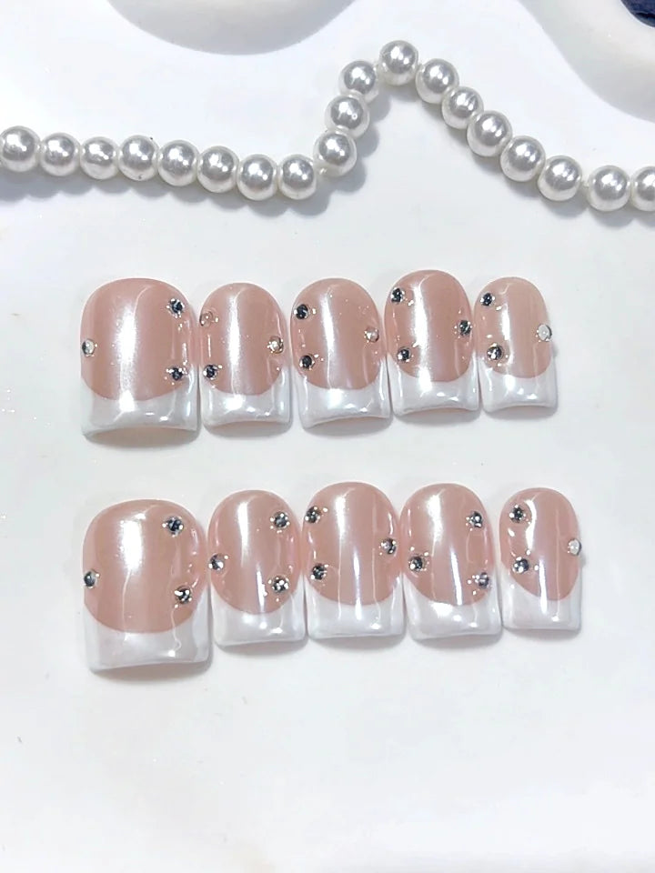 D695 - Short Nude White Duck French Tip Rhinestones - view 4