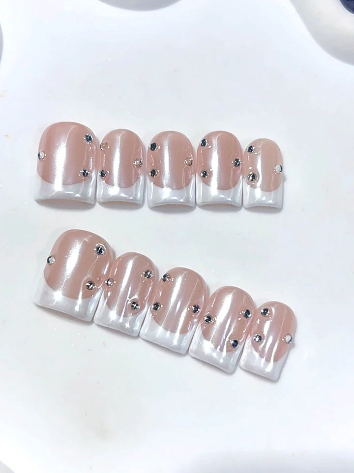 D695 - Short Nude White Duck French Tip Rhinestones - view 5