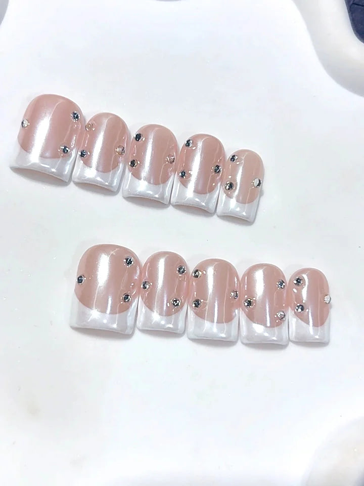 D695 - Short Nude White Duck French Tip Rhinestones - view 6