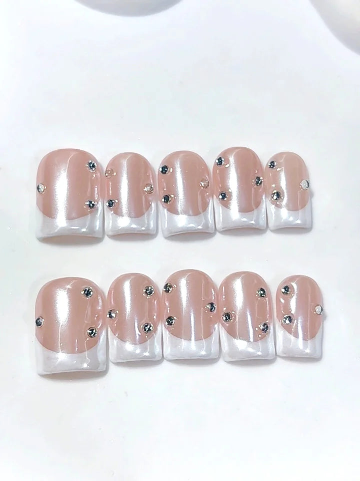 D695 - Short Nude White Duck French Tip Rhinestones - view 7