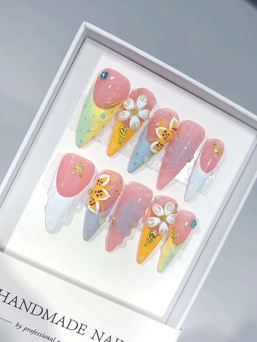K055 - Long Pastel Multicolor Almond French Tip 3D Floral - view 1