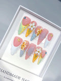 K055 - Long Pastel Multicolor Almond French Tip 3D Floral - view 1