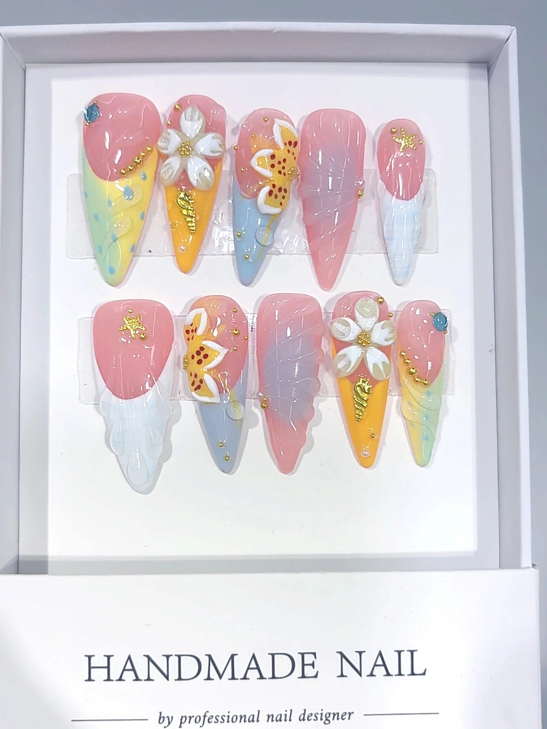 K055 - Long Pastel Multicolor Almond French Tip 3D Floral - view 2