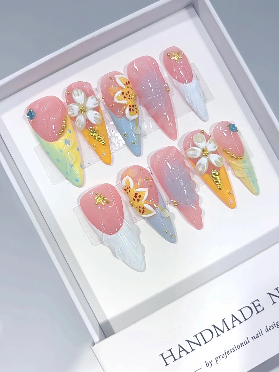 K055 - Long Pastel Multicolor Almond French Tip 3D Floral - view 3