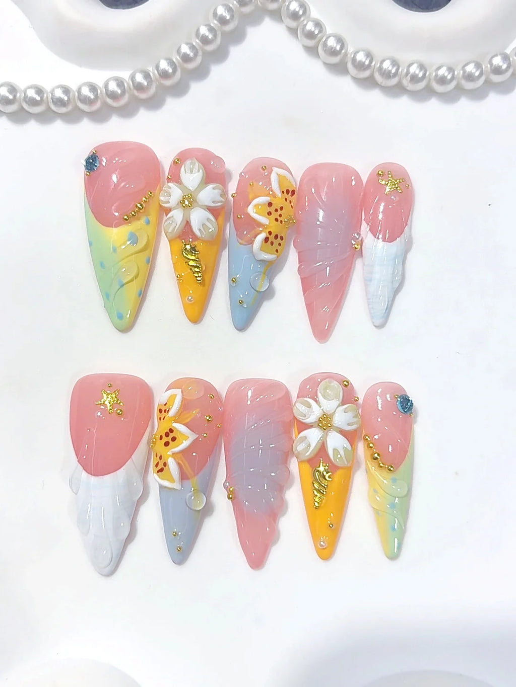 K055 - Long Pastel Multicolor Almond French Tip 3D Floral - view 4