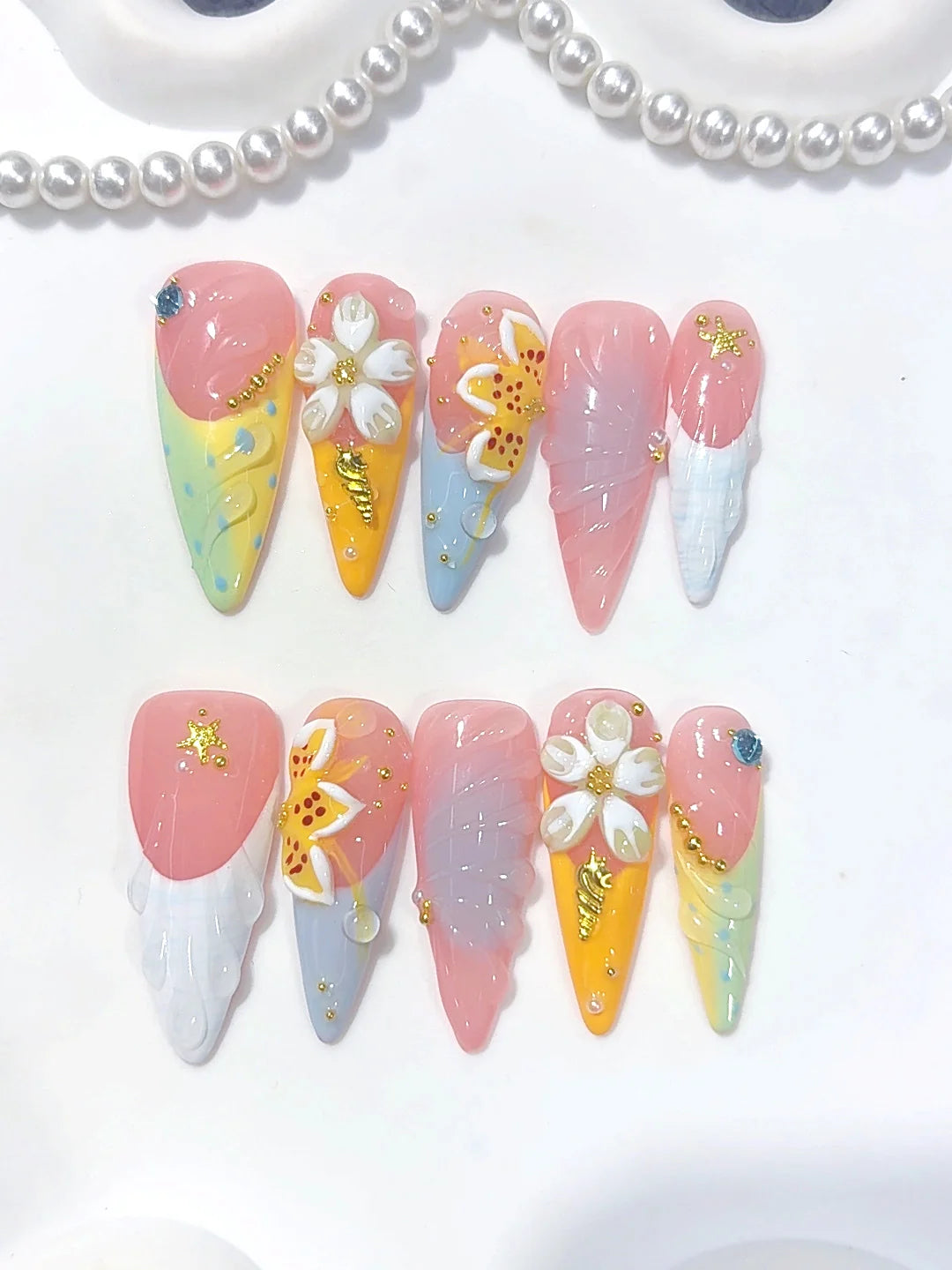 K055 - Long Pastel Multicolor Almond French Tip 3D Floral - view 4