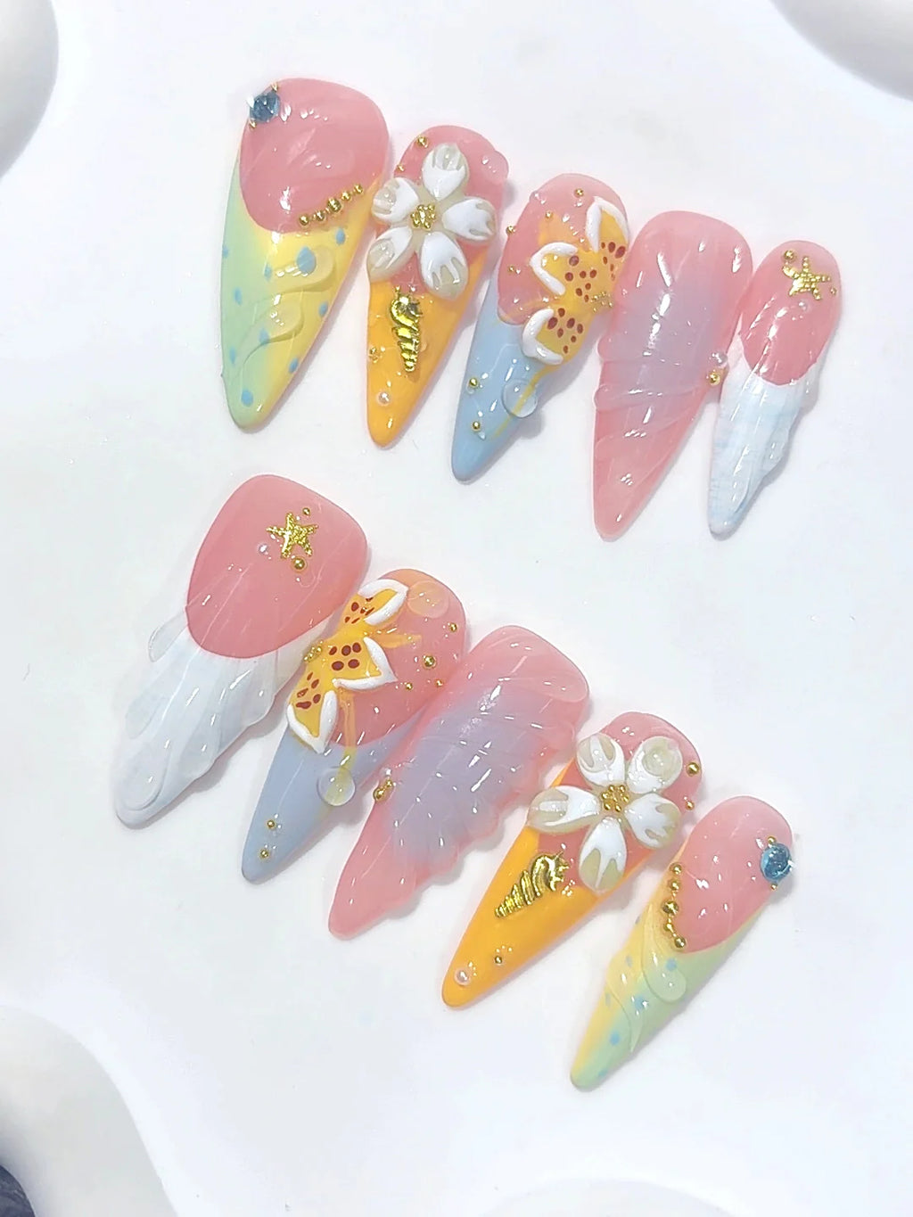 K055 - Long Pastel Multicolor Almond French Tip 3D Floral - view 5