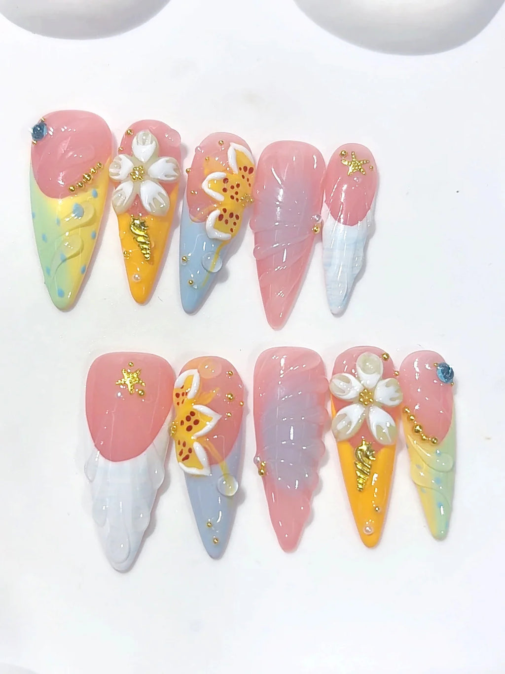 K055 - Long Pastel Multicolor Almond French Tip 3D Floral - view 6