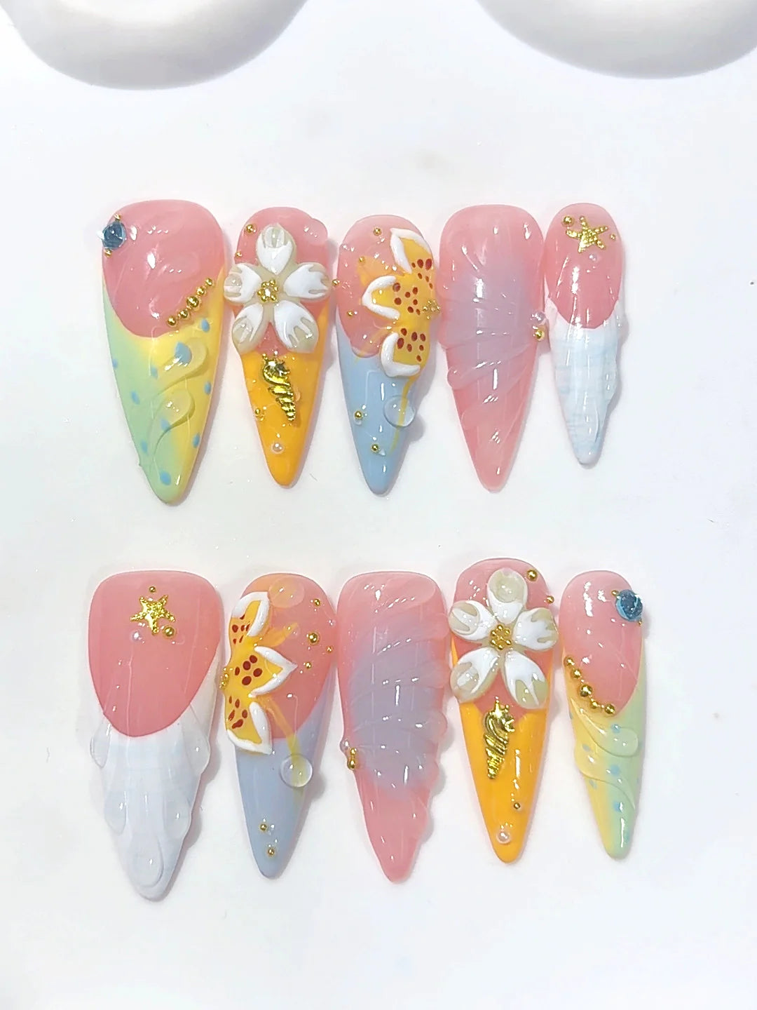 K055 - Long Pastel Multicolor Almond French Tip 3D Floral - view 7
