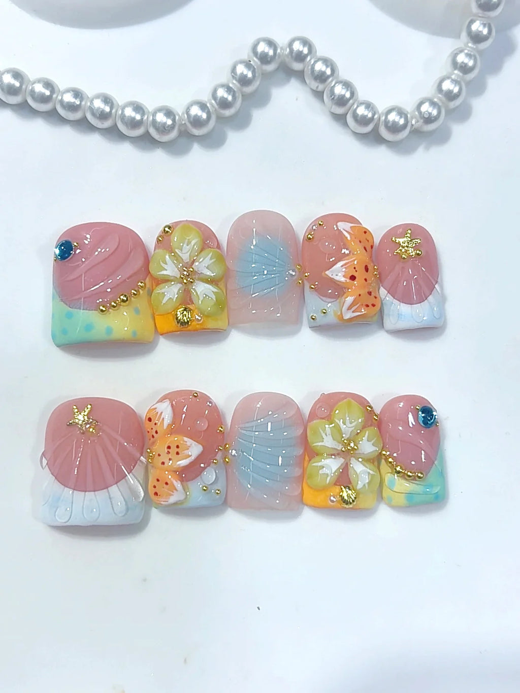 K055鸭嘴 - Short Pastel Multicolor Duck French Tip 3D Floral - view 4