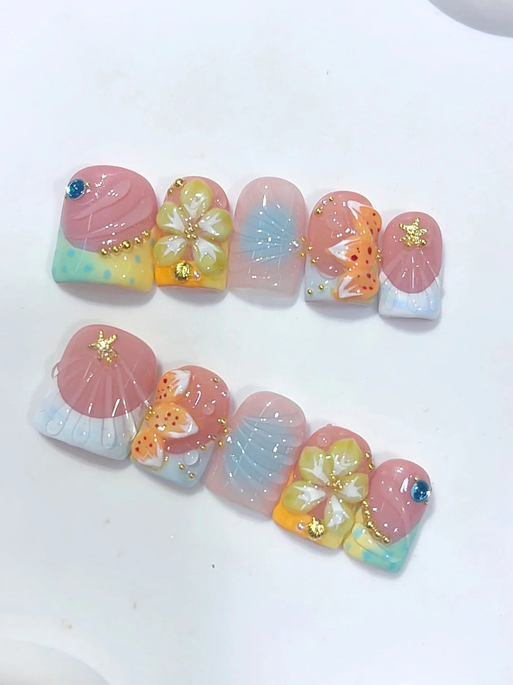K055鸭嘴 - Short Pastel Multicolor Duck French Tip 3D Floral - view 5