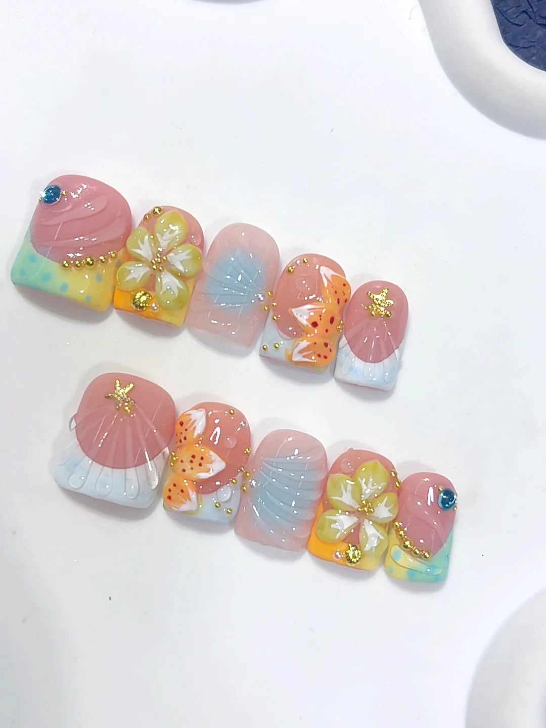 K055鸭嘴 - Short Pastel Multicolor Duck French Tip 3D Floral - view 6