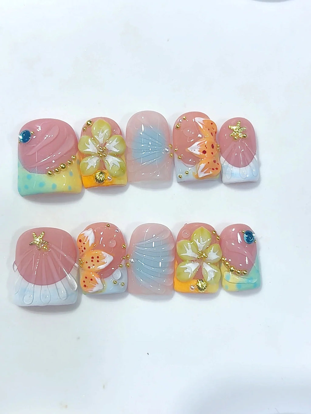 K055鸭嘴 - Short Pastel Multicolor Duck French Tip 3D Floral - view 7