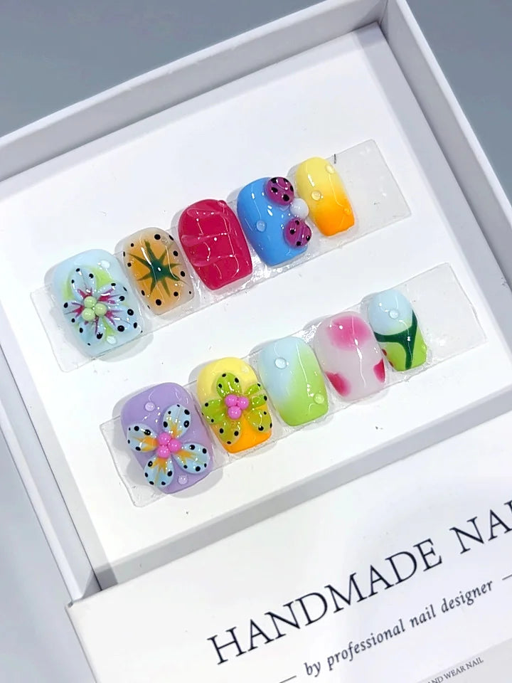 K056 - Short Multicolor Squoval Aura 3D Flowers - view 3