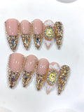 K057 - Long Nude Gold Stiletto Crystal French Tip 3D Flower - view 1