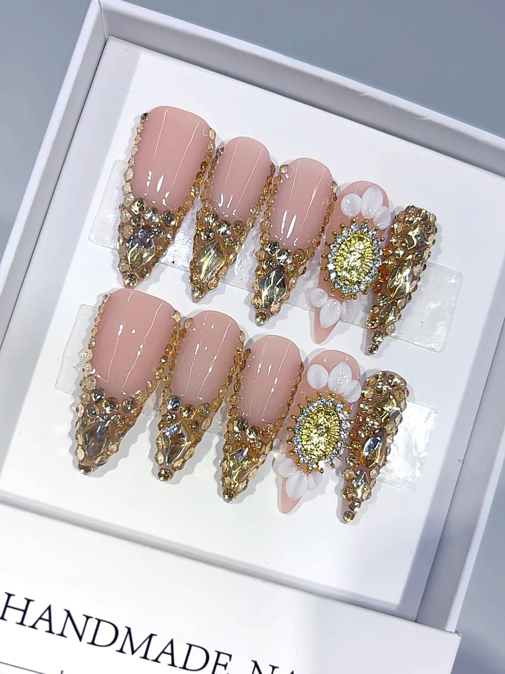K057 - Long Nude Gold Stiletto Crystal French Tip 3D Flower - view 2