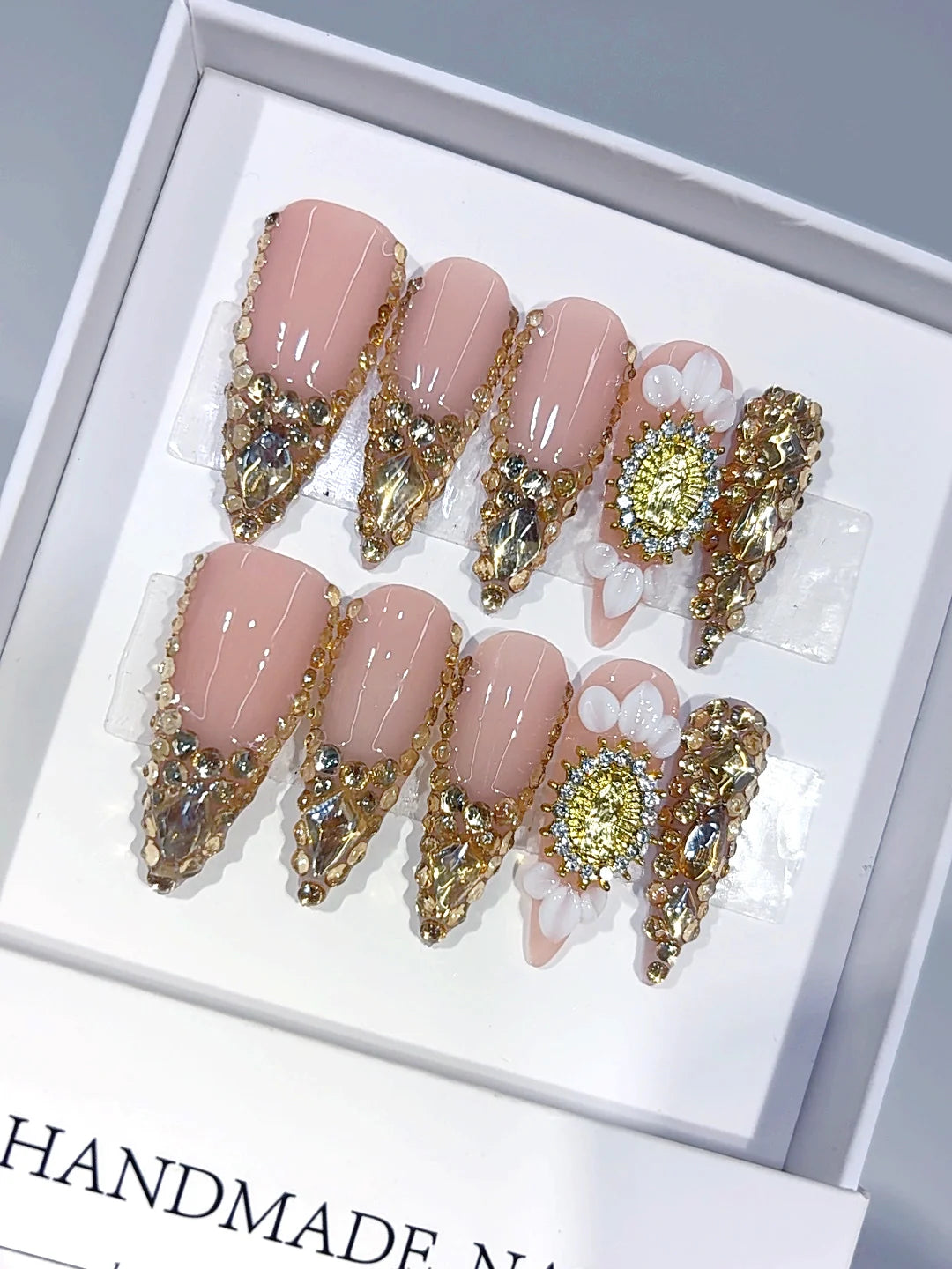 K057 - Long Nude Gold Stiletto Crystal French Tip 3D Flower - view 2