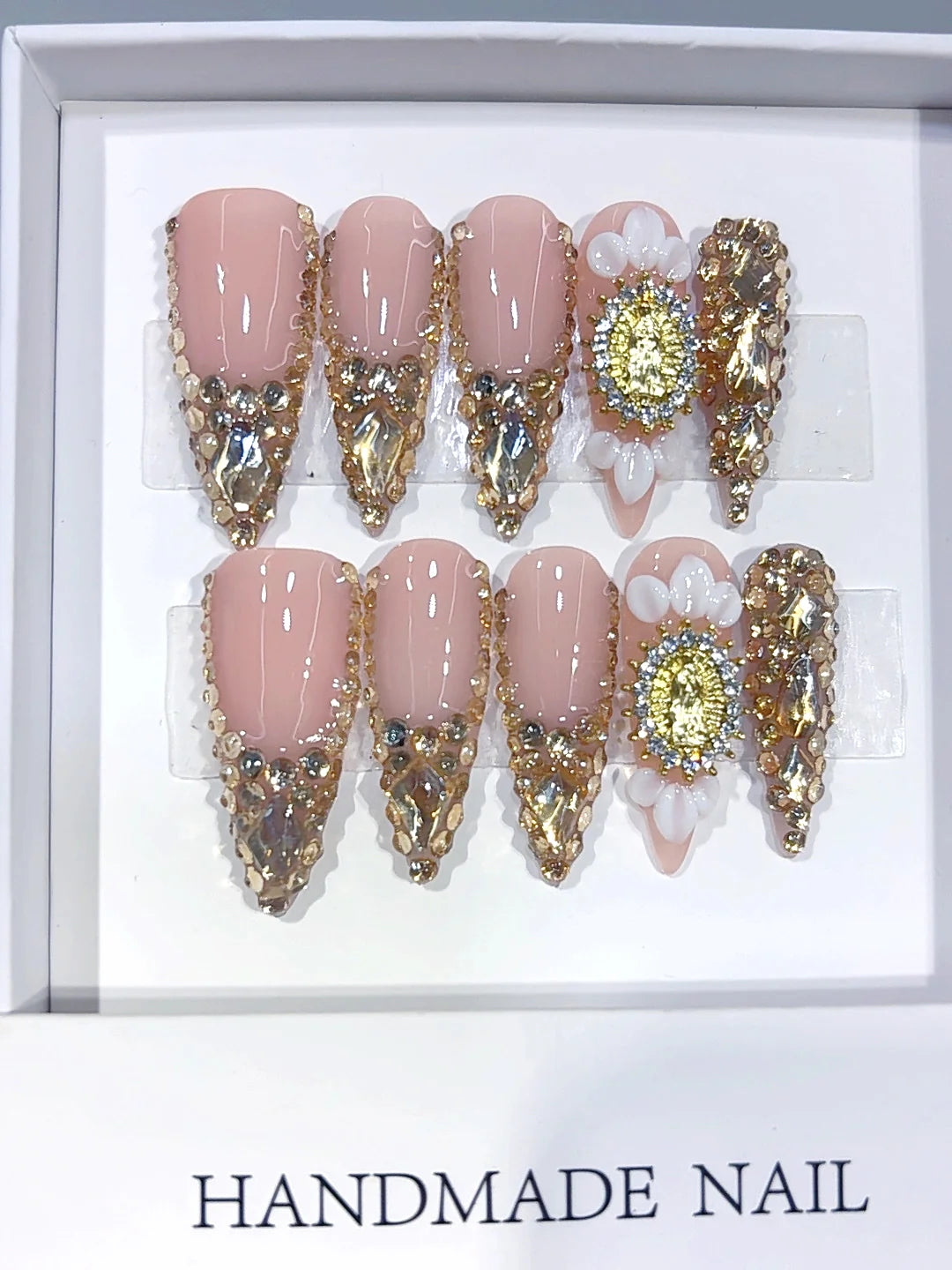 K057 - Long Nude Gold Stiletto Crystal French Tip 3D Flower - view 3