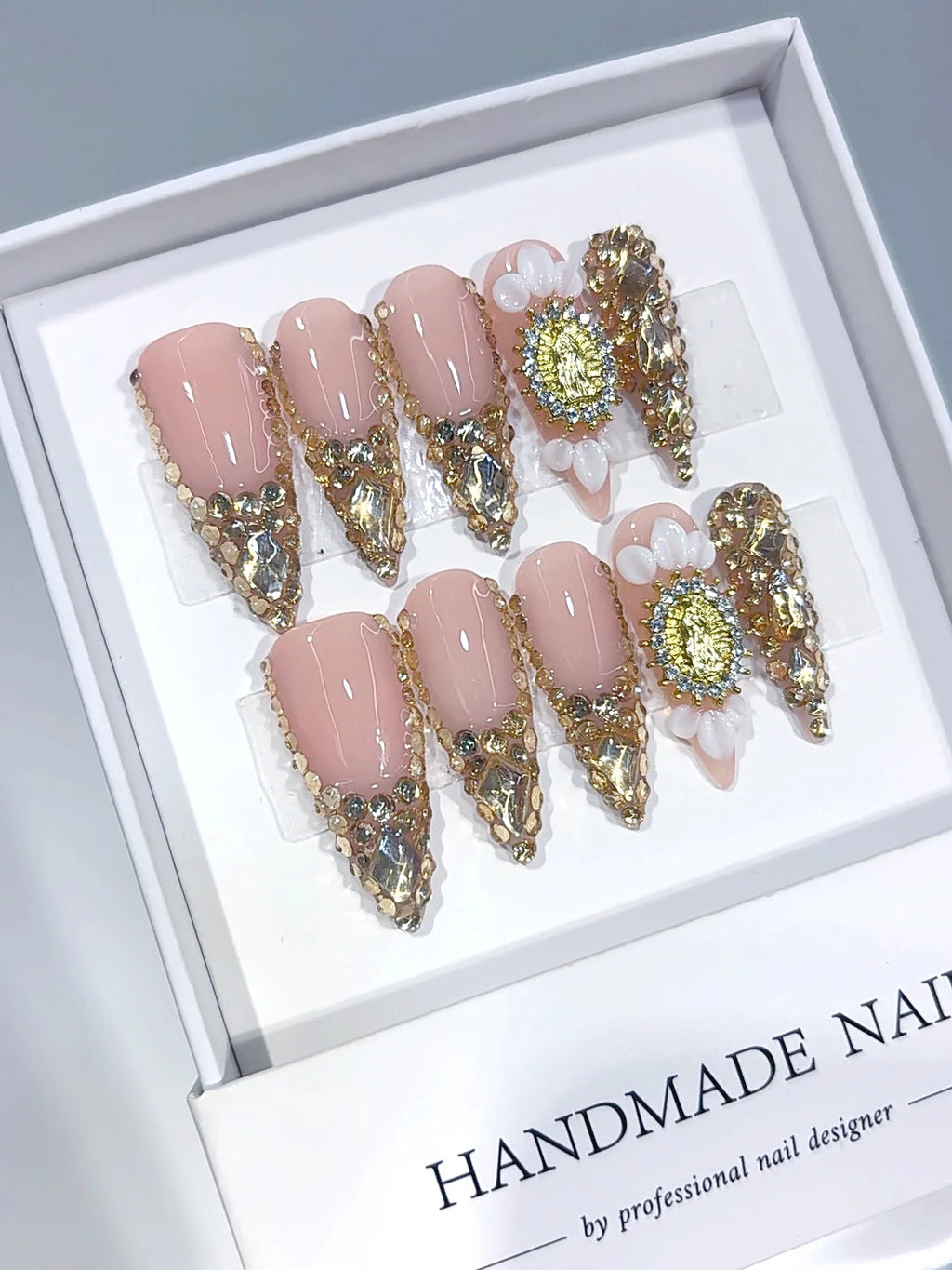 K057 - Long Nude Gold Stiletto Crystal French Tip 3D Flower - view 4