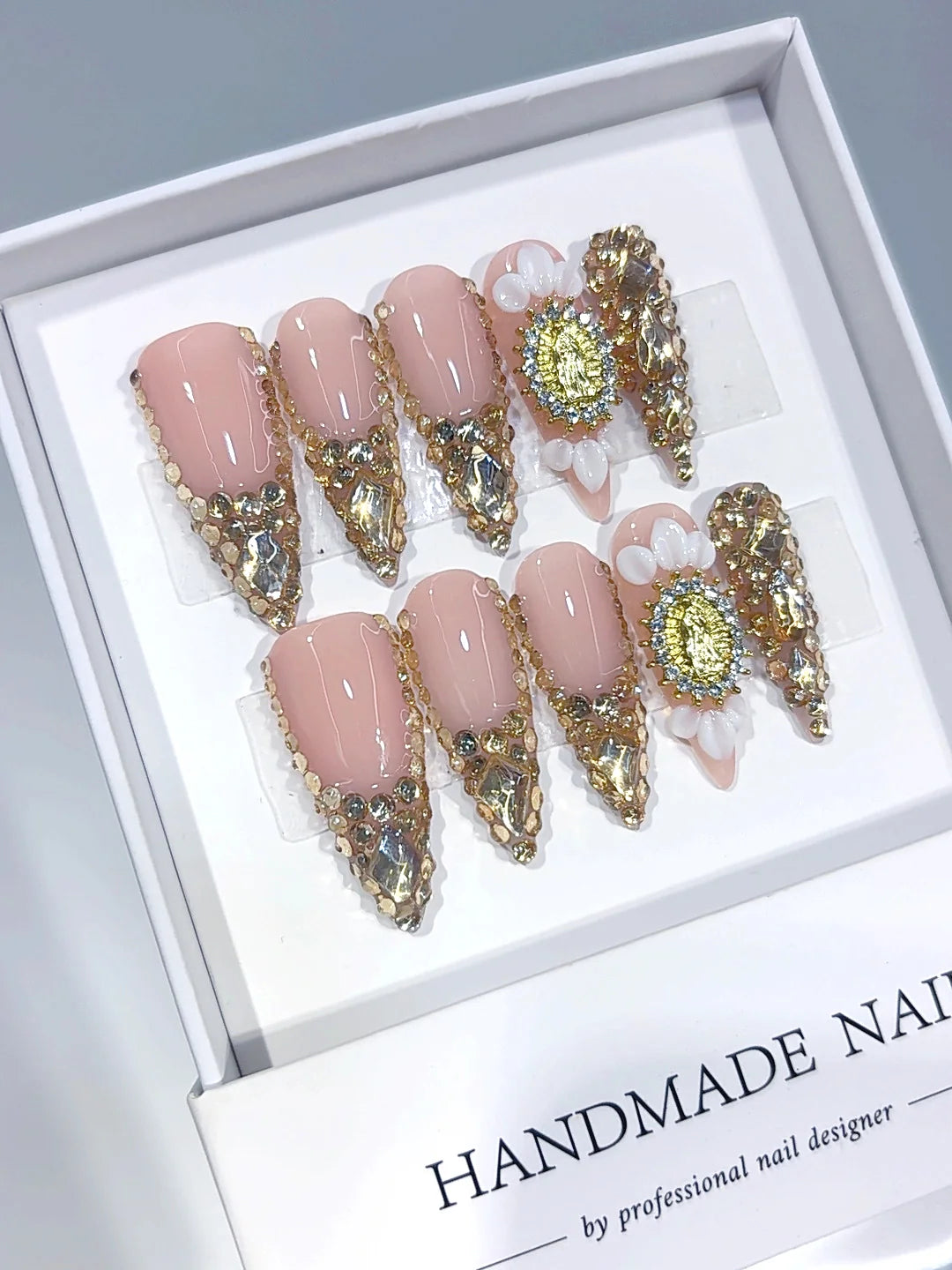 K057 - Long Nude Gold Stiletto Crystal French Tip 3D Flower - view 4