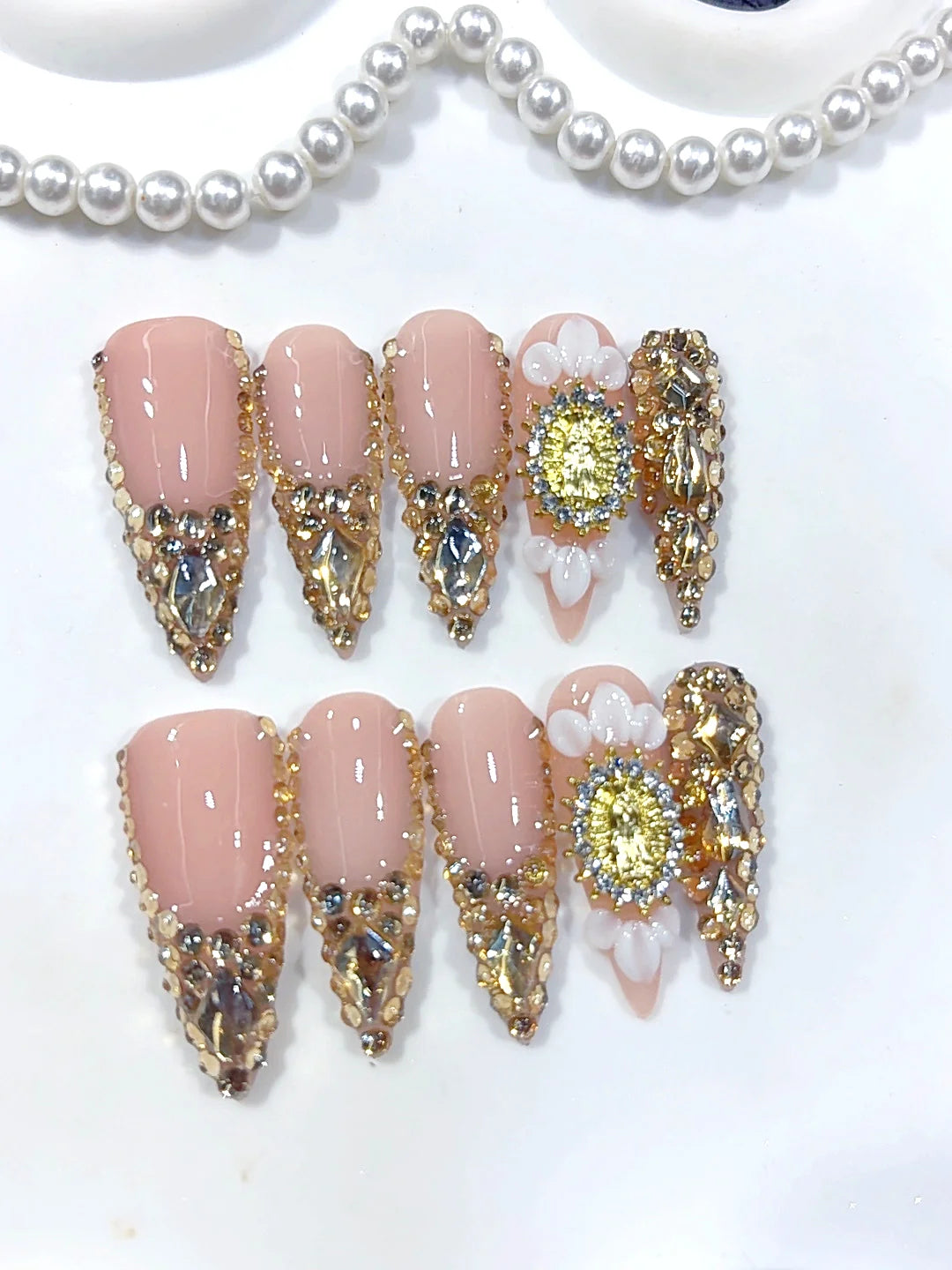 K057 - Long Nude Gold Stiletto Crystal French Tip 3D Flower - view 5
