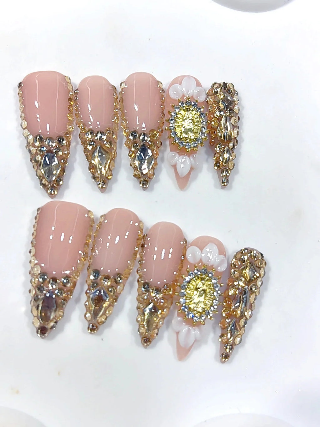 K057 - Long Nude Gold Stiletto Crystal French Tip 3D Flower - view 6