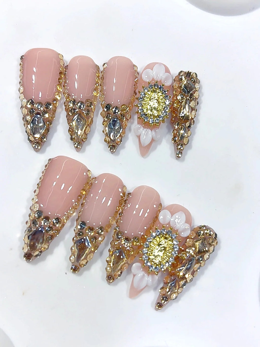 K057 - Long Nude Gold Stiletto Crystal French Tip 3D Flower - view 7