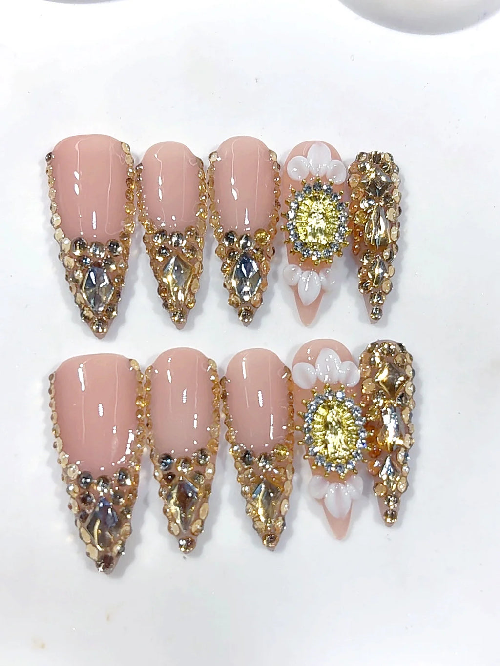 K057 - Long Nude Gold Stiletto Crystal French Tip 3D Flower - view 8