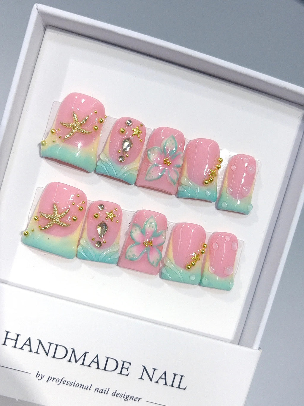 L315 - Short Pink Mint Duck Ombre French Tip Starfish Floral - view 1