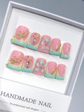 L315 - Short Pink Mint Duck Ombre French Tip Starfish Floral - view 1